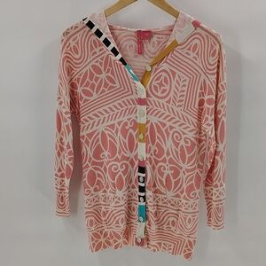 Charlotte Tarantola Button Down Silk Pink Stripe Hood Sweater Large Lightweight